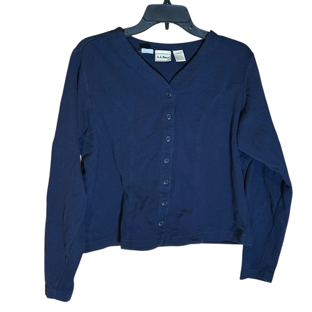 L.L.Bean Womens Navy Button Front Cardigan Sweater V Neck Large Cotton Layer